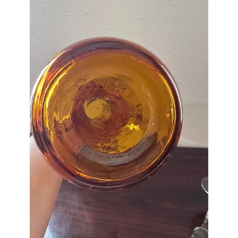 Vintage Amber Glass Decanter and 2 Wine Glass Set Gold Floral Filigree 3 Piece